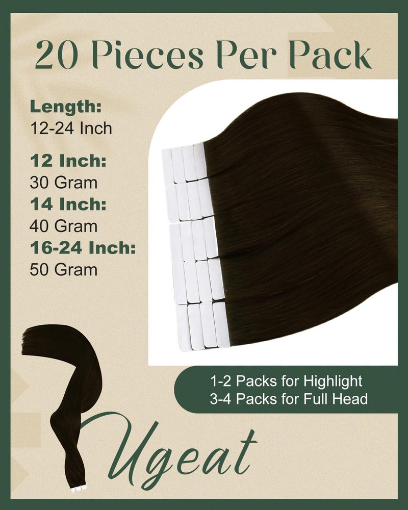 Ugeat Brown Tape in Hair Extensions Real Human Hair Tape in Hair Extension Dark Brown Natural Color Medium Length Seamless Soft for Weeding 18 Inch 20Pcs 50G - Image 4